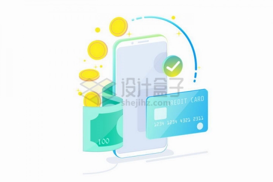 2.5D风格智能手机美元钞票银行卡和金币象征了手机支付技术png图片免抠矢量素材
