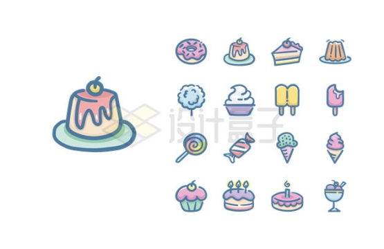 各种蛋糕甜甜圈糖果等甜品美食卡通图标4592140矢量图片免抠素材