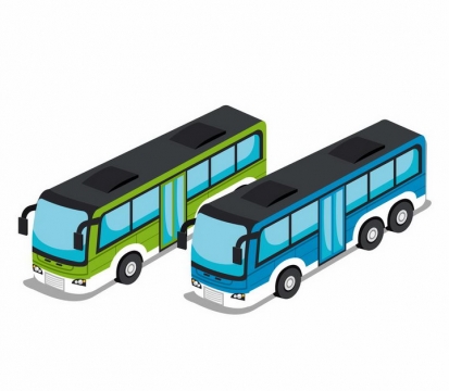 2款2.5D风格绿色和蓝色长途客车蓝色窗户汽车png图片免抠矢量素材