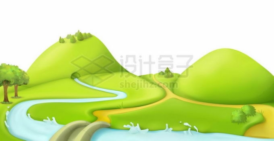 卡通绿色小山坡小河小路风景7690937矢量图片免抠素材