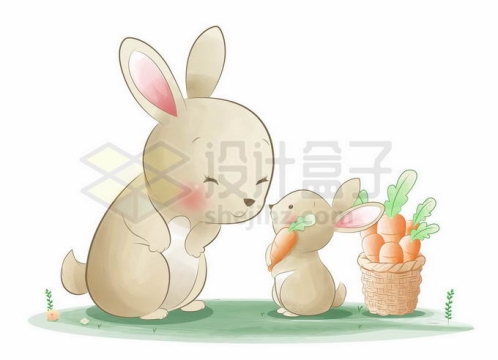 卡通兔子妈妈和兔宝宝收获胡萝卜儿童插画6954889矢量图片免抠素材
