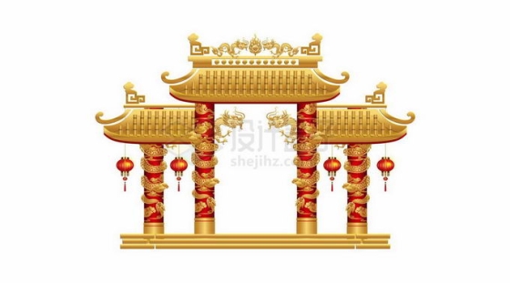 金色屋檐和金龙盘踞的红色柱子中国古建筑牌坊5404876矢量图片免抠素材