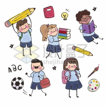 5款卡通学生拿着巨大的铅笔书本书包等手绘儿童插画png图片素材