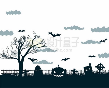 夜晚的坟地墓园中的墓碑枯树猫头鹰和空中的蝙蝠恐怖剪影5194517矢量图片免抠素材