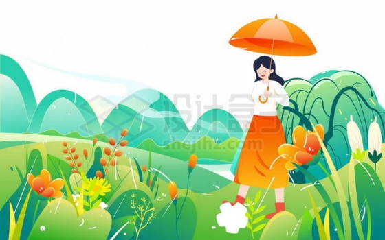 卡通女孩打着伞散步在春天绿色清新的世界插画1576953矢量图片免抠素材