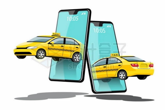 黄色出租车从手机屏幕中冲出来象征了手机打车APP服务4760807矢量图片免抠素材