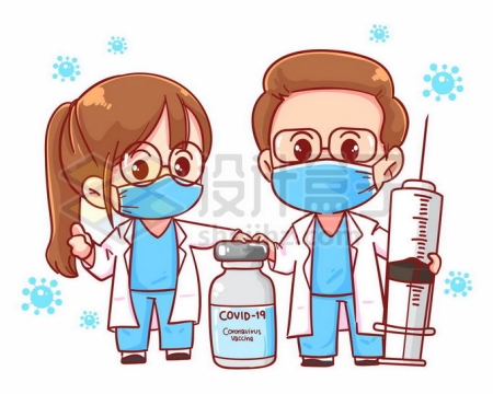 2个超可爱的卡通医生拿着注射器和疫苗西林瓶3731685矢量图片免抠素材免费下载