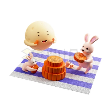 中秋节吃月饼的卡通玉兔和月亮3D模型1542561PSD免抠图片素材