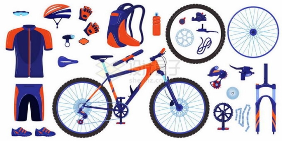 公路运动自行车和轮胎速干衣头盔背包等公路竞赛装备7250444矢量图片免抠素材