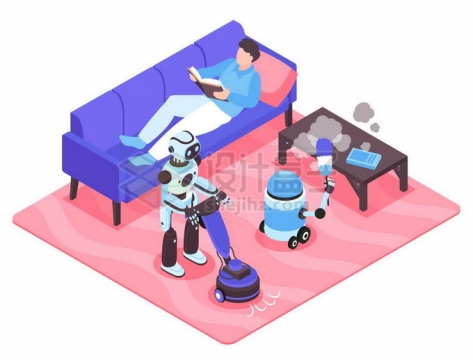 未来风格保洁家政机器人正在打扫卫生人类躺在沙发上休息7994901矢量图片免抠素材