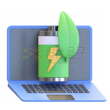 蓝色笔记本电脑和电池绿叶笔记本电池电量3D模型7274596PSD免抠图片素材