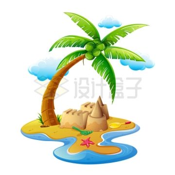 卡通小岛沙滩上的椰子树和沙雕海岛旅游插画8671400矢量图片免抠素材