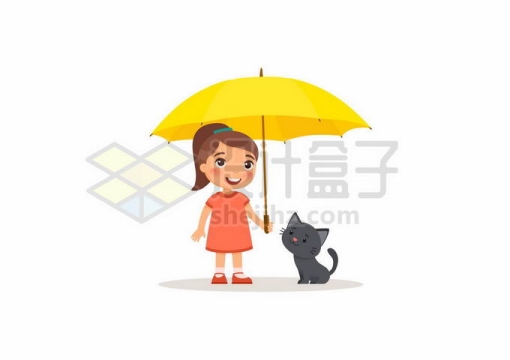 卡通女孩打着黄色雨伞保护小猫咪9453027矢量图片免抠素材免费下载