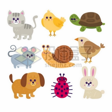 可爱猫咪小鸡乌龟老鼠蜗牛小鸟小狗瓢虫兔子等卡通动物儿童插画png图片素材