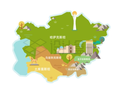 中亚五国卡通旅游地图1142246矢量图片免抠素材