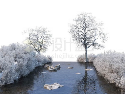 冬天被积雪覆盖的灌木丛和大树以及潺潺流水的小河风景4416145免抠图片素材免费下载