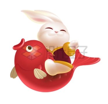 卡通兔子骑着红色鲤鱼年年有余兔年新年春节5887249矢量图片免抠素材