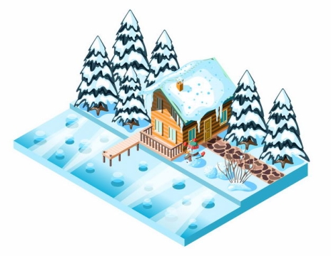 2.5D风格冬天河边的小屋雪屋和积雪覆盖的树林7938341EPS图片免抠素材