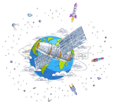 卡通风格围绕地球的宇宙飞船空间站插画4251098矢量图片免抠素材