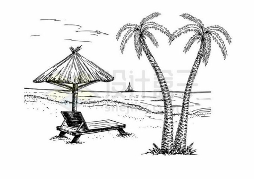 海滩上的椰子树和草棚热带海岛旅游渡假区手绘插画1181483矢量图片免抠素材