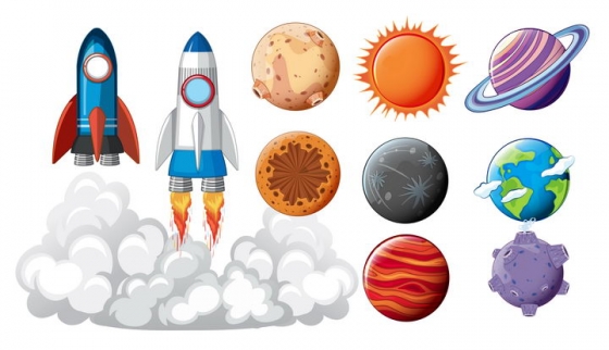 各种卡通风格太阳系八大行星起飞的火箭图片免抠素材