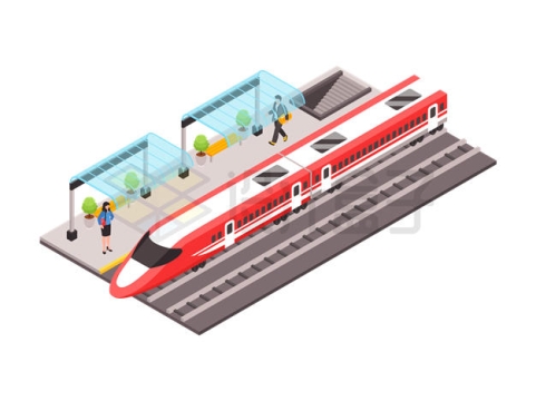 2.5D风格高铁站台上停靠的红白色高铁列车5896201矢量图片免抠素材