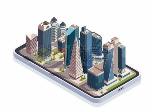 2.5D风格手机上的城市建筑摩天大楼高楼大厦606415png矢量图片素材