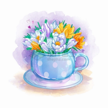 茶杯中的鲜花水彩插画png图片免抠矢量素材