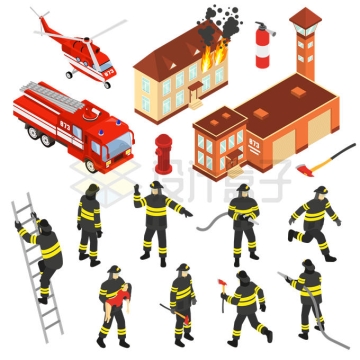 2.5D风格消防直升机消防车消防员和发生火灾的房子7339562矢量图片免抠素材