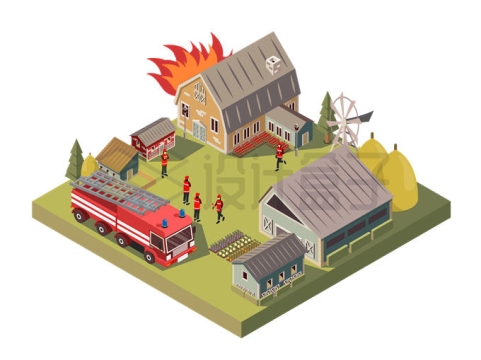 2.5D风格发生火灾的房子和消防员驾驶消防车来灭火3710108矢量图片免抠素材