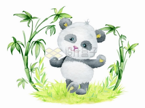 卡通熊猫站在草地上周围是竹子水彩画彩绘png图片免抠矢量素材