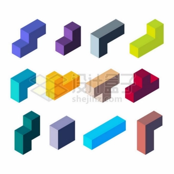 12款彩色3D立体俄罗斯方块形状3211453矢量图片免抠素材