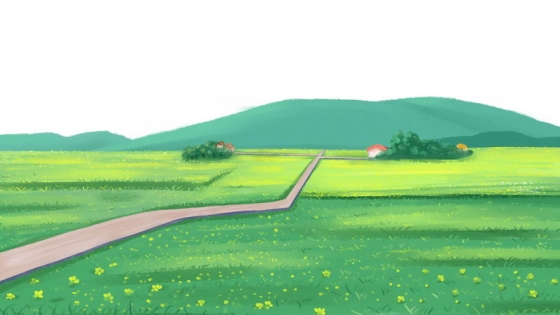 农村乡村里的清新风格田野绿色的田地风景手绘美景插画9186162png免抠图片素材
