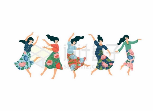 5个穿着花裙子跳舞的女孩插画9235432矢量图片免抠素材