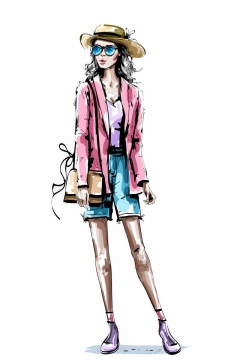 粉色小西装和蓝色短裤的长腿美女手绘插画2800444图片免抠素材