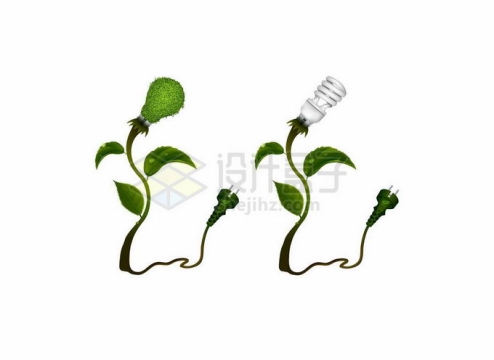 2款绿色树叶树枝和灯泡象征了清洁能源绿色电能2918980矢量图片素材免费下载