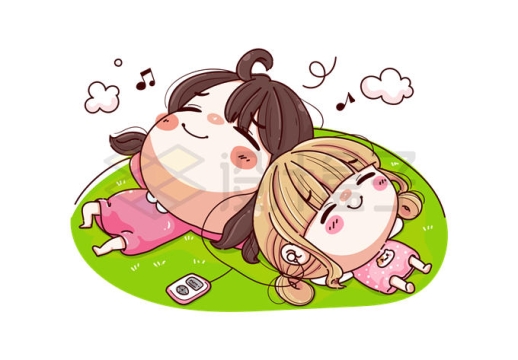 两个超可爱的卡通女孩闺蜜躺在草地上听歌年轻人躺平了6708633矢量图片免抠素材