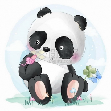 彩绘风格坐在地上的可爱卡通熊猫和蝴蝶png图片免抠矢量素材