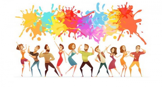 手绘漫画插画风格彩色油漆泼墨风格正在跳舞的人群图片免扣素材