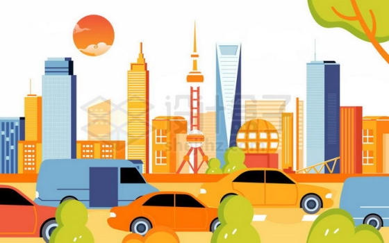 扁平化风格上海城市天际线高楼大厦和近处的汽车插画1358833矢量图片免抠素材