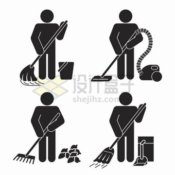 黑色小人儿使用拖把拖地吸尘器钉耙和扫帚畚箕打扫卫生png图片免抠矢量素材