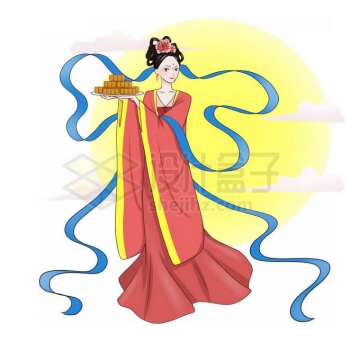 中秋节大大的黄色月亮和端着月饼的卡通嫦娥小仙女免抠图片素材