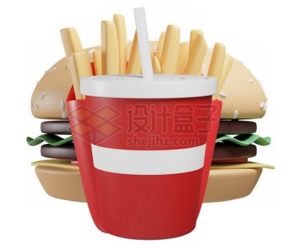 3D立体风格卡通汉堡薯条和可乐快餐模型2764717免抠图片素材