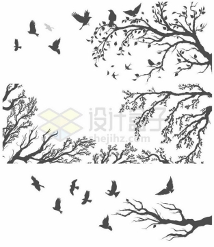各种树枝树干和乌鸦飞鸟剪影9415894矢量图片素材免费下载