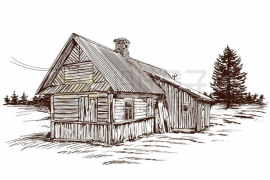 野外的手绘风格木头房子9747001矢量图片免抠素材