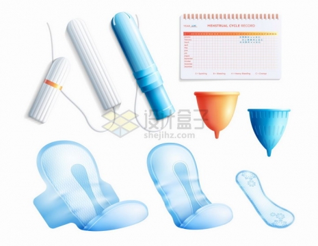 3D立体风格卫生棉条月经杯蓝色卫生巾护垫等女性生理周期用品png图片素材