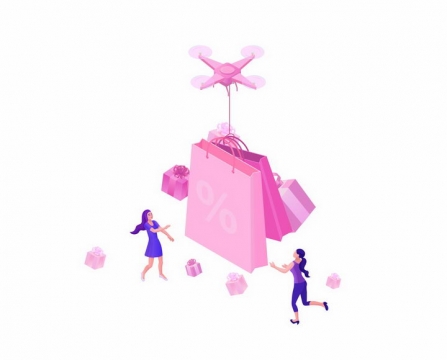 粉色无人机吊着购物袋女性购物无人机送货png图片免抠矢量素材