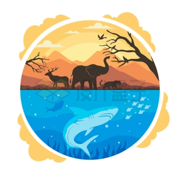大海中的鲨鱼和陆地上的大象花豹等野生动物国际生物多样性日插画3887681矢量图片免抠素材