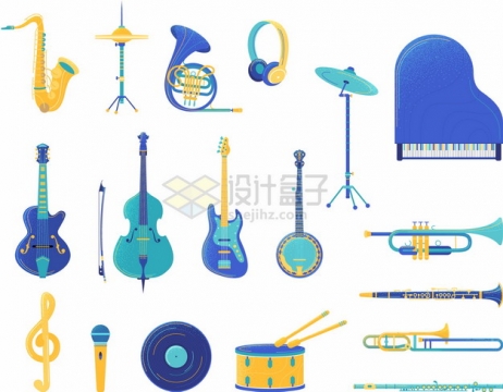 各种蓝紫色的萨克斯架子鼓大号钢琴小提琴等西洋音乐乐器png图片素材