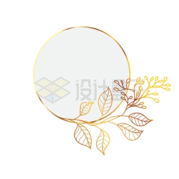 金色线条树叶树枝装饰的圆形文本框信息框7138160矢量图片免抠素材